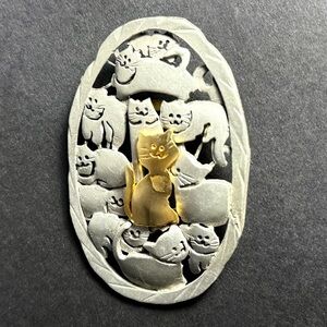 Vintage Ultra Craft Pewter & Brass Cat Brooch Pin Large 3” Signed Standout Cat!